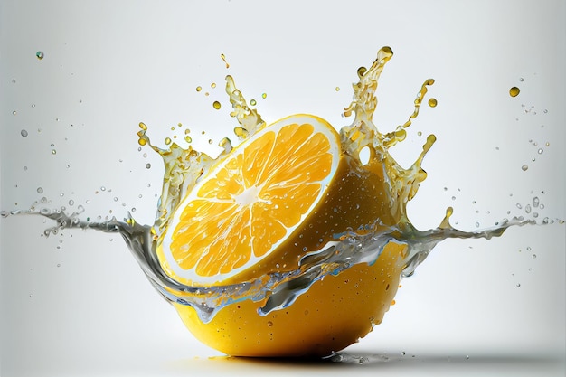 Иллюстрация свежих цитрусовых апельсиново-лимонных фруктов с брызгами воды на белом фоне