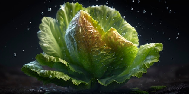 Illustration of fresh green lettuce salad with water drops AI generated content