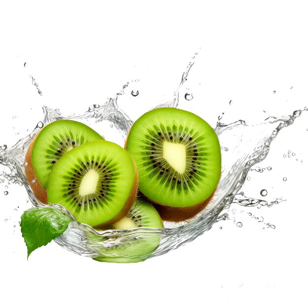 Illustration of fresh juicy kiwi fruit juices splashing isolated on white background