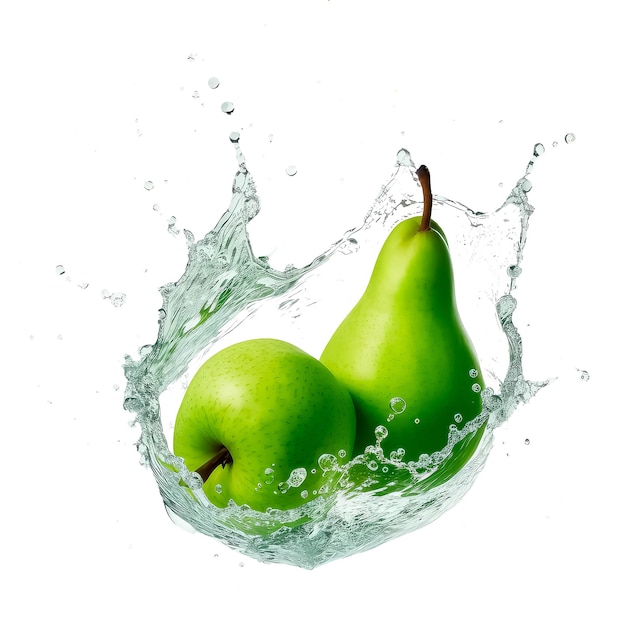 Illustration of fresh juicy pear fruit juices splashing isolated on white background