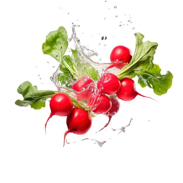 illustration of fresh juicy radish juices splashing isolated on white background