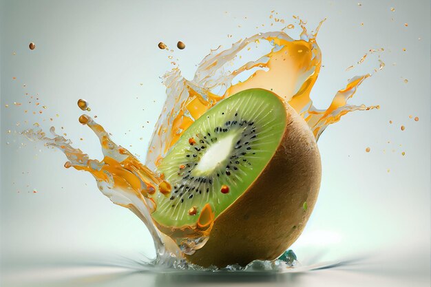 Illustration of fresh kiwi fruit with water splash on white background