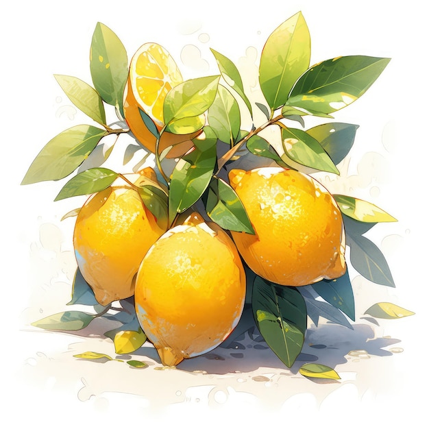 illustration fresh lemon and leaves in watercolor