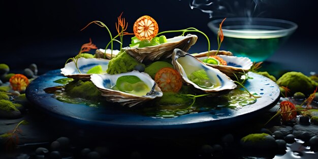 illustration of fresh oysters on plate Oysters with lemon and sauce Food in a restaurant