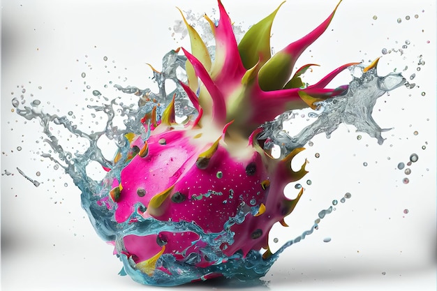 Foto illustrazione della frutta fresca pitahaya con spruzzi d'acqua su sfondo bianco