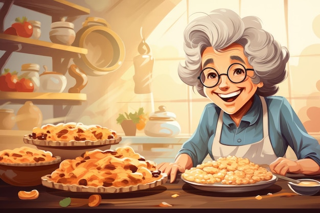 Illustration of a friendly old lady baking pastry
