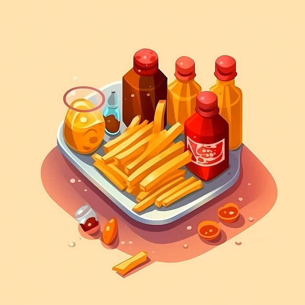 Illustration of fries with ketchup highly detailed calories food minimalist design adpastel background