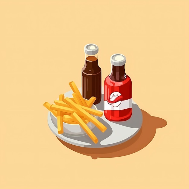 Illustration of fries with ketchup highly detailed calories food minimalist design adpastel background