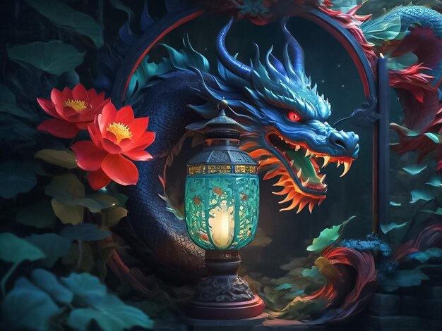 illustration of a frightening dragon ornamentChinese lamp gate kingdom lotus flowers