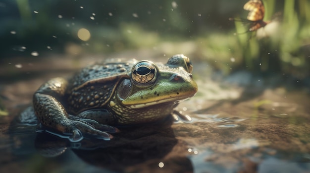 Illustration of a frog in the middle of a forest 3d realistic
