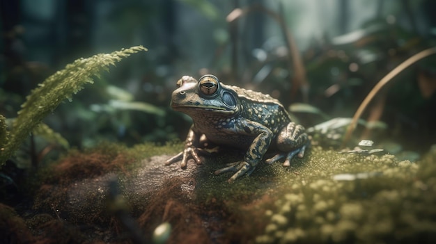숲 3D 현실 한가운데에 있는 개구리의 그림