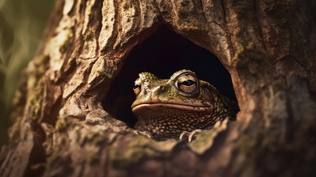 Photo illustration of a frog in the middle of a forest 3d realistic