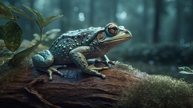 Illustration of a frog in the middle of a forest 3d realistic