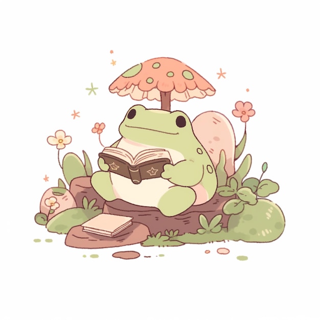 illustration of a frog reading a book under an umbrella generative ai