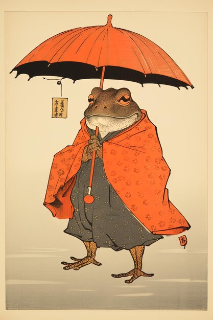 Photo an illustration of a frog wearing a raincoat and holding an umbrella