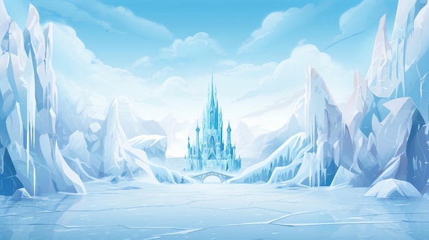 AI が生成した氷と雪の背景を持つ、雪の中の凍った城のイラスト