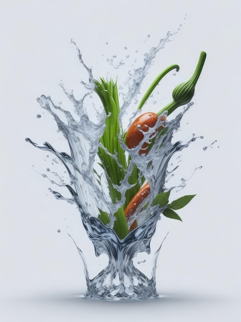 제너레이티브 AI 기술로 생성된 잔물결과 물보라를 일으키는 물 속으로 떨어지는 과일의 삽화