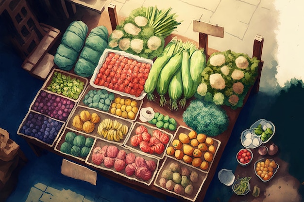 Illustration of a fruit and vegetable market with a variety of fresh produce