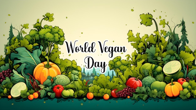 Illustration of fruits and vegetables Text World vegan day Vegan and healthy food