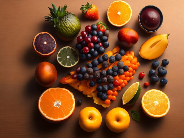 Illustration of fruits with a bowl on the table