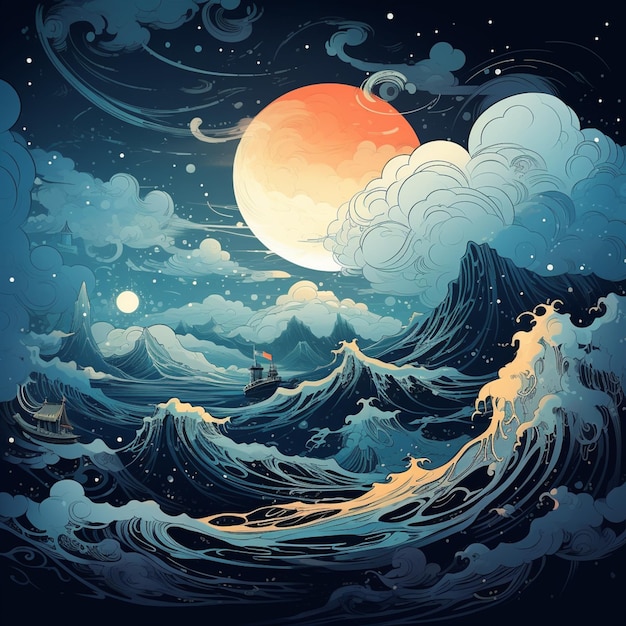 Illustration of a full moon rising over a sea with waves generative ai