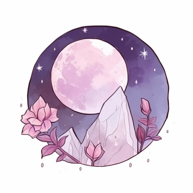 Foto illustrazione di una luna piena con una montagna e fiori sullo sfondo generativo ai