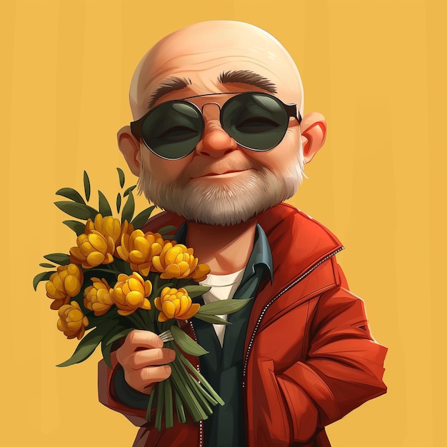 A illustration of funny bald cartoon character man with bundle of flowers