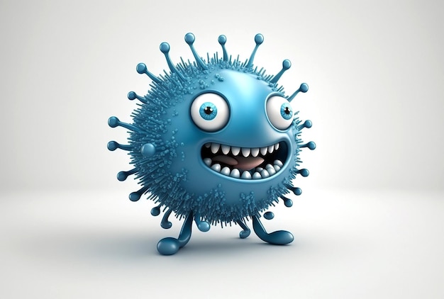 Illustration of funny blue virus character with happy face isolated on white Generative AI