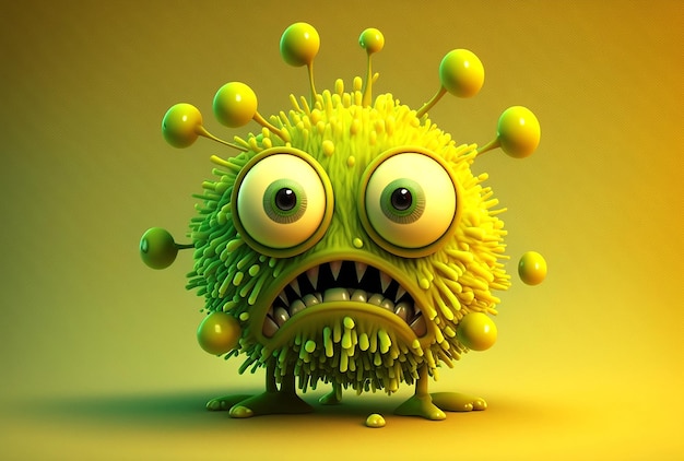 Illustration of funny green virus character with angry face isolated on yellow Generative AI