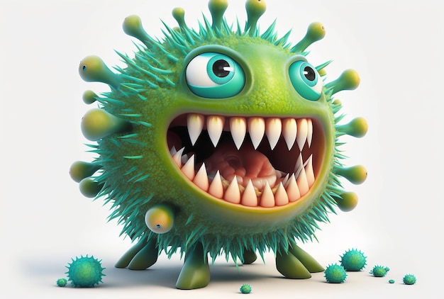 흰색에 고립된 행복한 얼굴을 가진 재미있는 녹색 바이러스 캐릭터의 그림 Generative AI