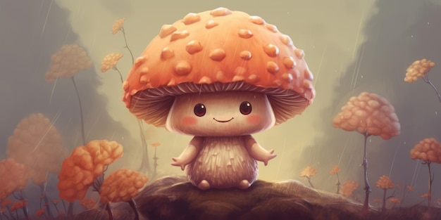 Illustration of funny mushrooms in the forest fairy mushrooms in fantasy land forest landscape gener