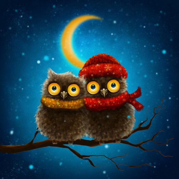 枝に面白いフクロウのイラスト。夜のフクロウのキャラクターイラスト