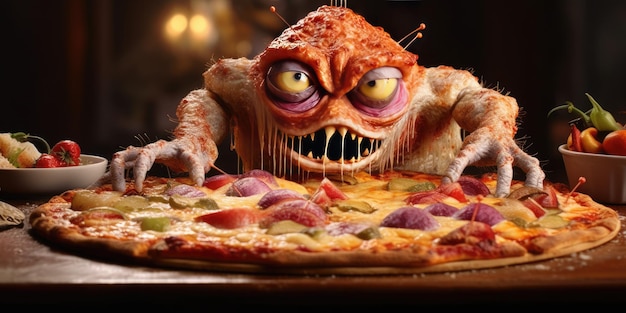 Photo illustration of a funny pizza monster closeup generative ai