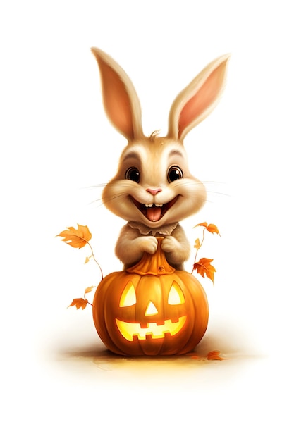 Illustration of a funny rabbit carrying a pumpkin lantern