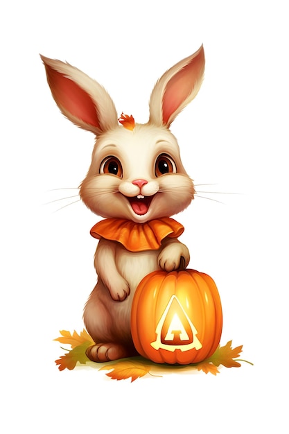 Illustration of a funny rabbit carrying a pumpkin lantern