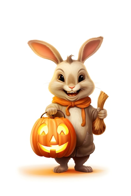 Illustration of a funny rabbit carrying a pumpkin lantern