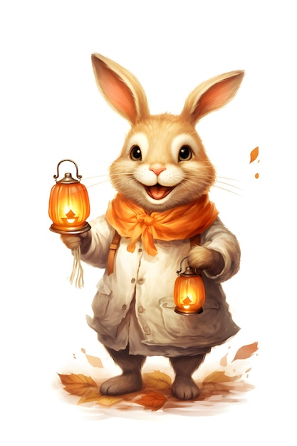 Illustration of a funny rabbit carrying a pumpkin lantern