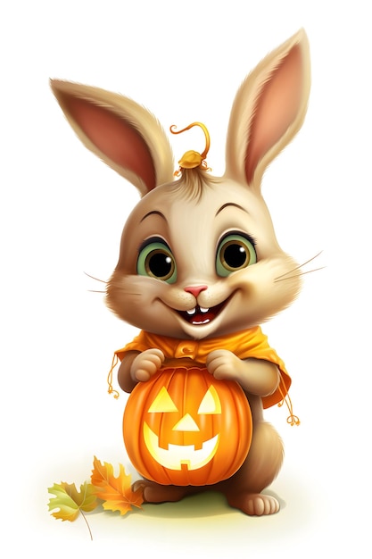 Illustration of a funny rabbit carrying a pumpkin lantern