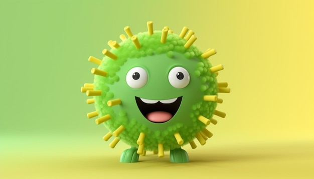 Foto illustrazione di un personaggio virus divertente con una faccia felice