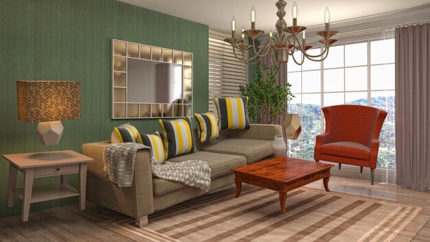 Illustration of furniture hovering in living room