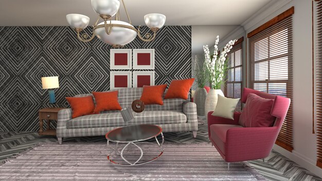 Illustration of furniture hovering in living room