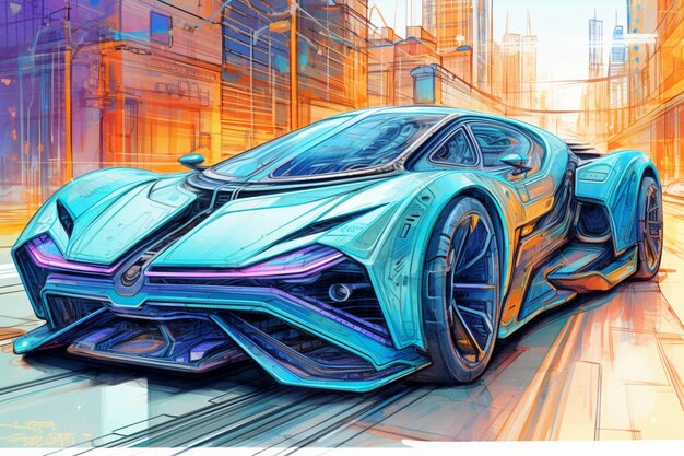 illustration of a futuristic car in a city setting generative ai