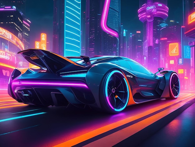 Illustration of a futuristic city escape with a sports car on neon lit streets