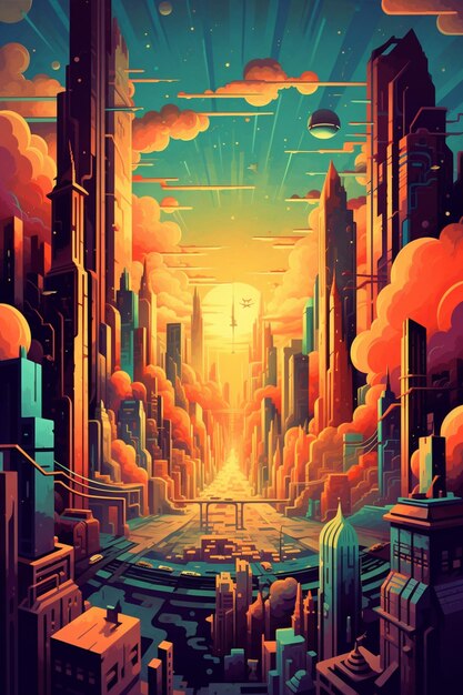 Illustration of a futuristic city with a futuristic sky and clouds generative ai