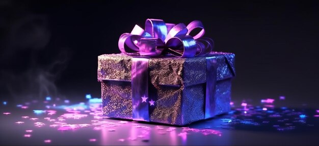 Illustration a futuristic gift box adorned with a ribbon and purple neon dust on dark background