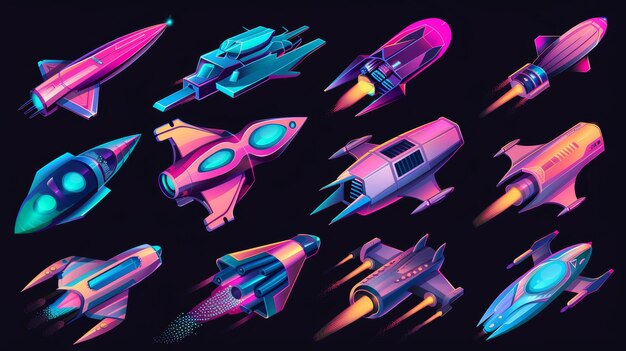 Photo illustration of futuristic spacecraft flying in the sky shuttles for space exploration missions cosmic adventure gui design elements on black background