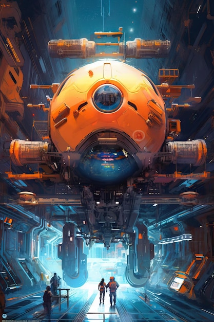 Иллюстрация футуристического космического корабля с парящими транспортными средствами и передовыми технологиями, созданными с помощью генеративной технологии искусственного интеллекта