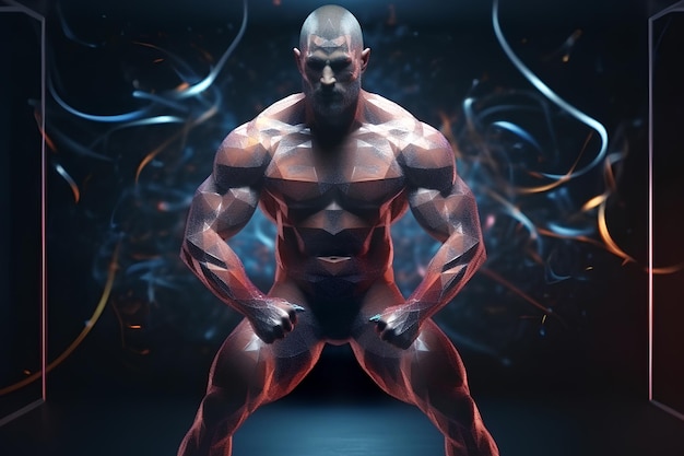 Illustration of a futuristic strong man with developed muscles on a dark background