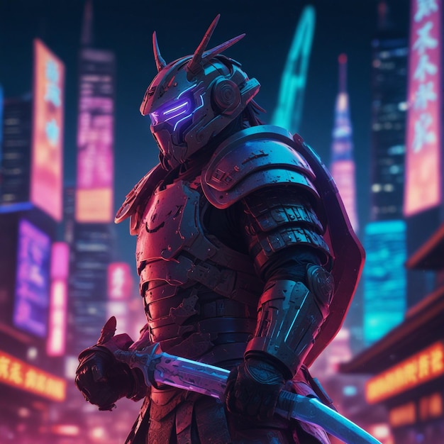 Illustration of a futuristic warrior in traditional Japanese armor surrounded by futuristic