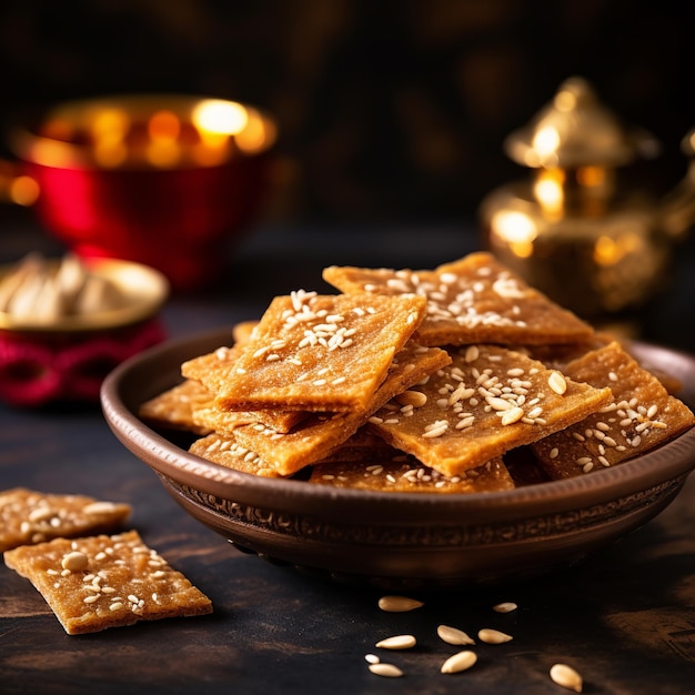 Gajak 또는 til papdi 또는 patti의 그림은 건조하고 달콤한 케이크입니다